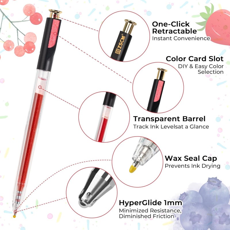 ZSCM Retractable Glitter Gel Pens,72 Colors Large Capacity Multicolor Glitter Metallic Gel Ink Pens, 1 mm Fine Point Smooth Writing Color Pens for Adult Coloring Book Note Taking Aesthetic Art Supplies - Image 2